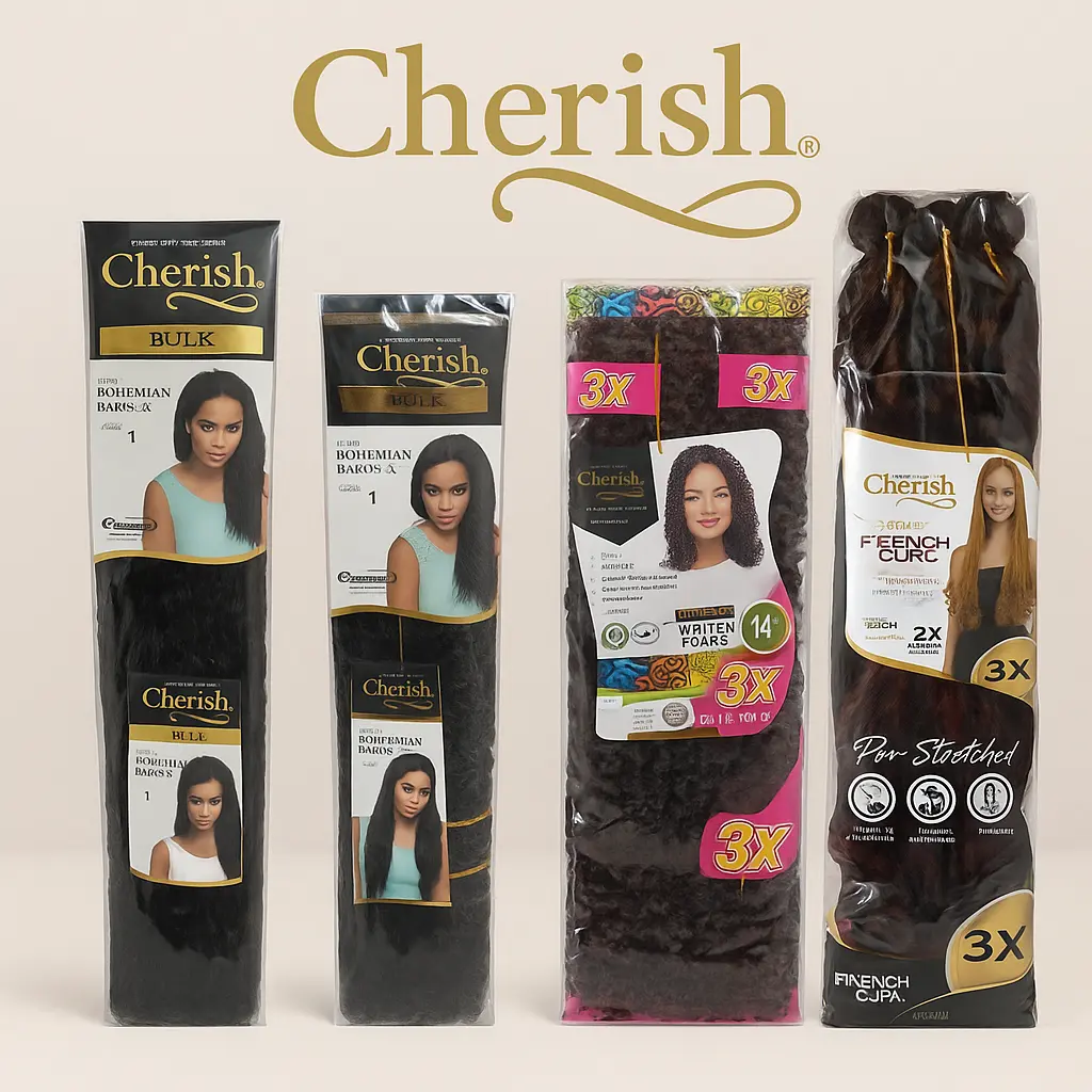 Various hair extension products displayed.